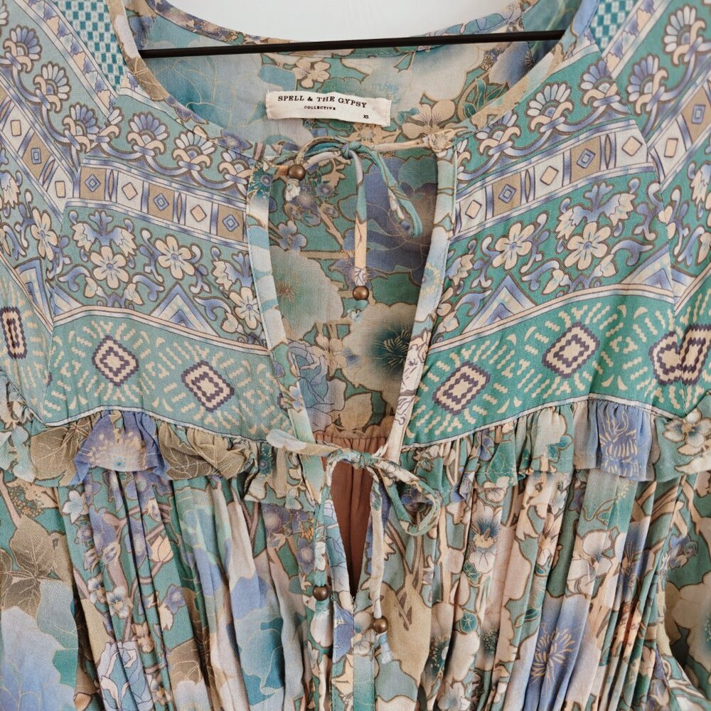 Spell & the Gypsy Free People Amethyst Maxi Boho Gown Turquoise Boho Dress XS - Picture 11 of 16